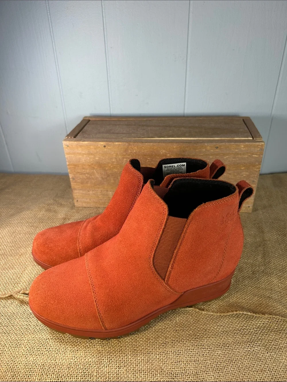 Sorel Orange Suede Chelsea Wedge Booties